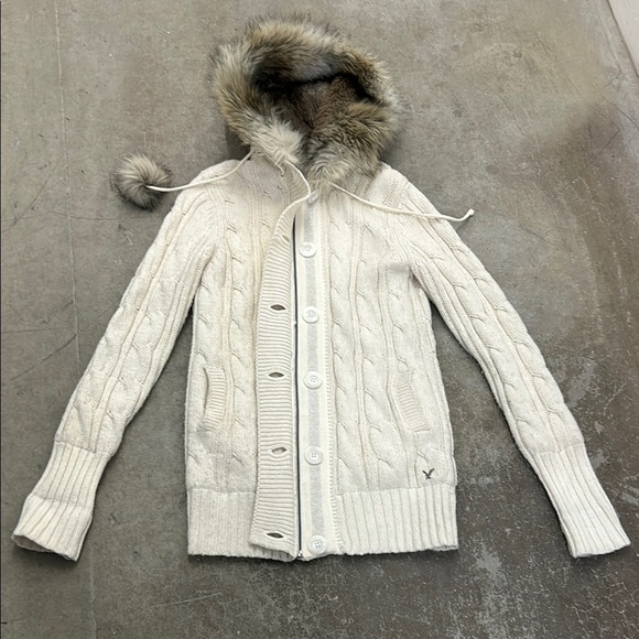 Vintage y2k Cream Cable Knit fishermen Hooded wool blend Cardigan with Fur Trim - Picture 1 of 9